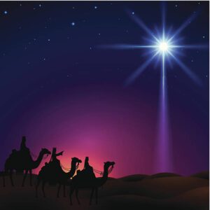 Three wise men follow the star to Bethlehem