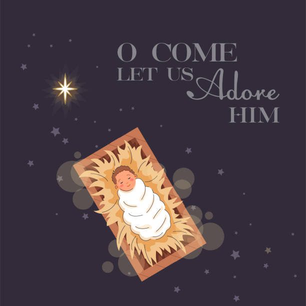 Bethlehem Star minimalistic background. Christmas scene of baby Jesus in the manger at night with big Bethlehem star. Christian Nativity with text Merry Christmas, vector banner. The birth of Jesus