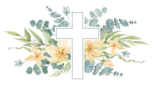 Christian cross with green leaves and yellow flowers. Watercolor illustration for Easter, Baptism, Christening, invitations, cards, packaging.